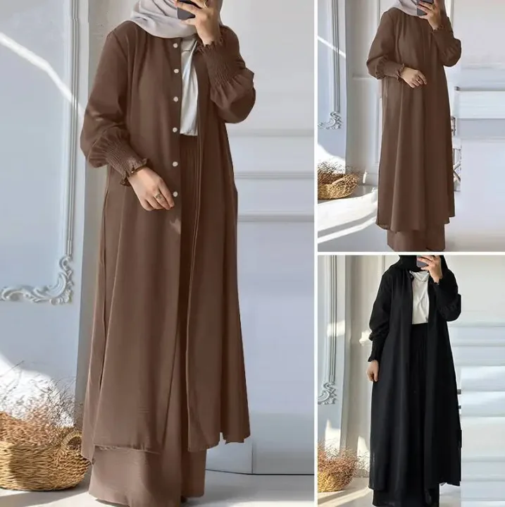 Muslim 2 Piece Women Long Coat Wide Leg Pants Suit Ramadan Morocco Dubai Islam Casual Ensemble Kimono Musulmane Arabic Outfits