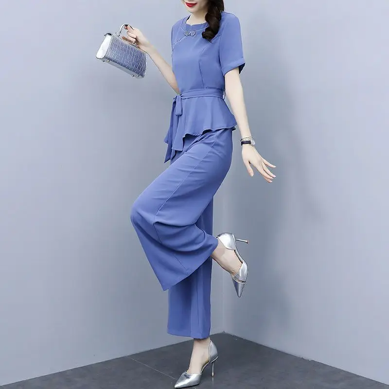 Pantaloni a gamba larga per donna estate 2023 New Fashion Office Lady Solid o-collo Top irregolare Pantstuits 2 pezzi abiti femminili