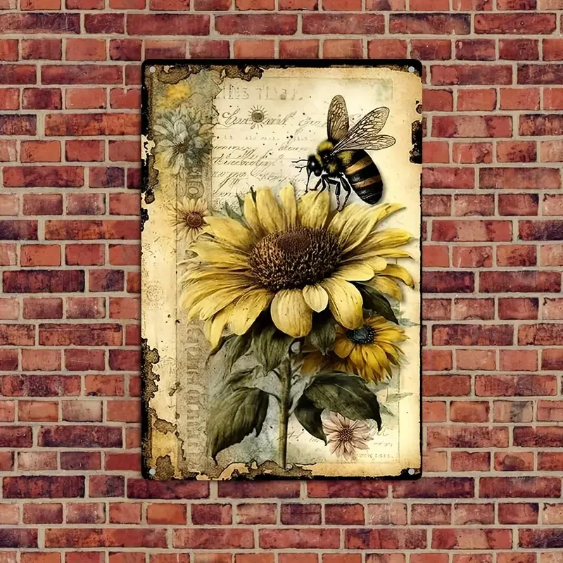 1pc Metal Tin Sign, SUNFLOWER AND BEE Aluminum Sign, 8x12In/30x20cm, Vintage Plaque Decor Wall Art, Wall Decor, Room Decor, Home