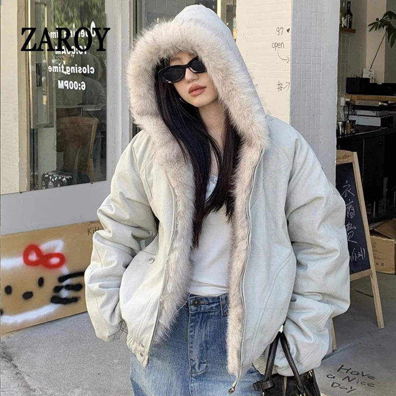 

ZAROY женская и мужская зимняя куртка Y2K, уличная одежда, повседневное свободное пальто с меховым воротником и капюшоном, теплая толстовка в стиле Харадзюку, готические парки куртк