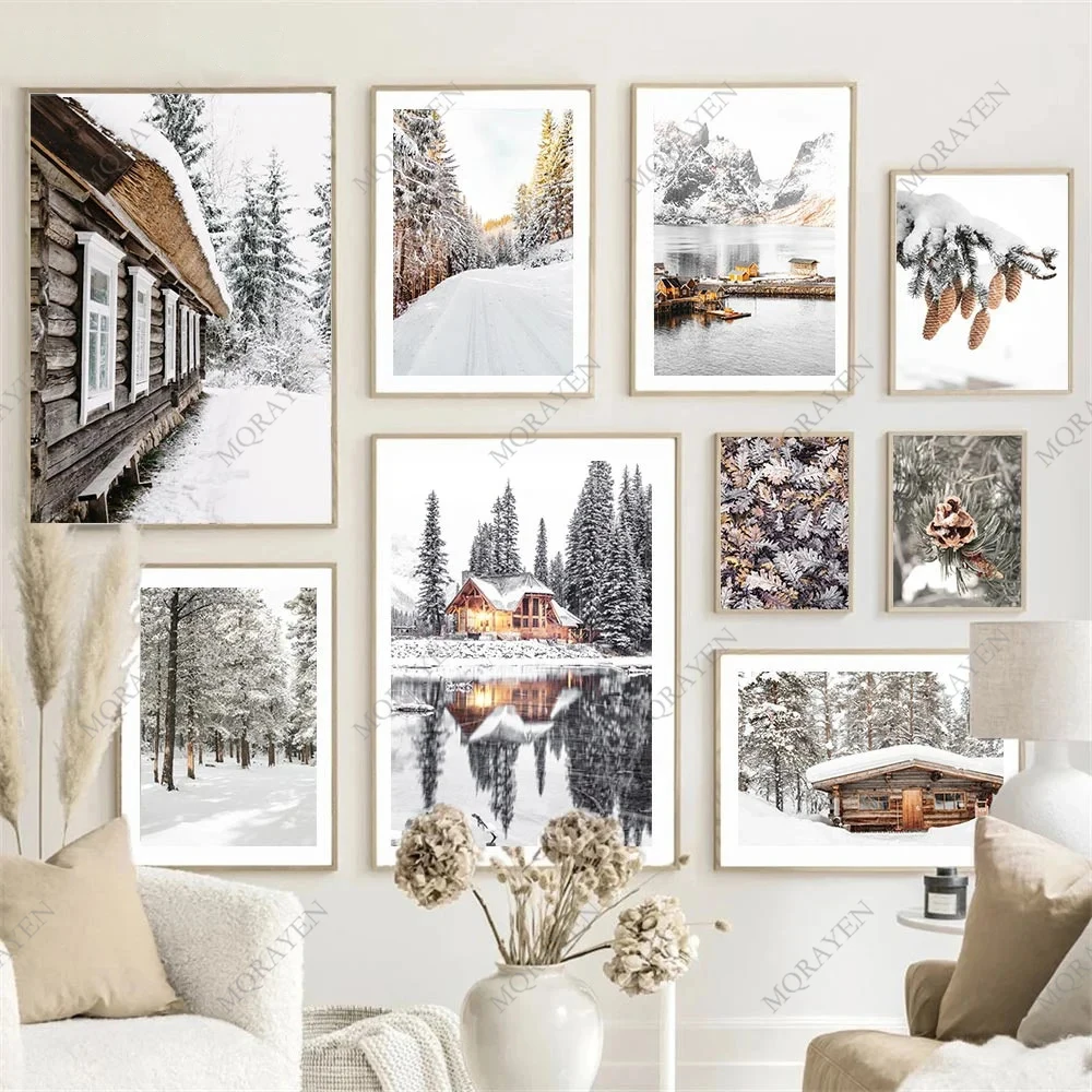 Sunrise Forest Mountain Lake Posters Cabin Wood Pinecone Winter Snow Prints Canvas Painting Nordic Wall Art Pictures Home Decor