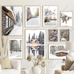 Sunrise Forest Mountain Lake Posters Cabin Wood Pinecone Winter Snow Prints Canvas Painting Nordic Wall Art Pictures Home Decor