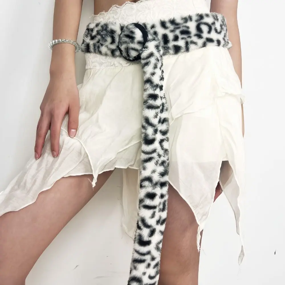 Cinturón de felpa con estampado de leopardo peludo para mujer, decoración vaquera Y2K, cinturilla con borlas de felpa, accesorios de trajes de baile de Jazz Steampunk Harajuku