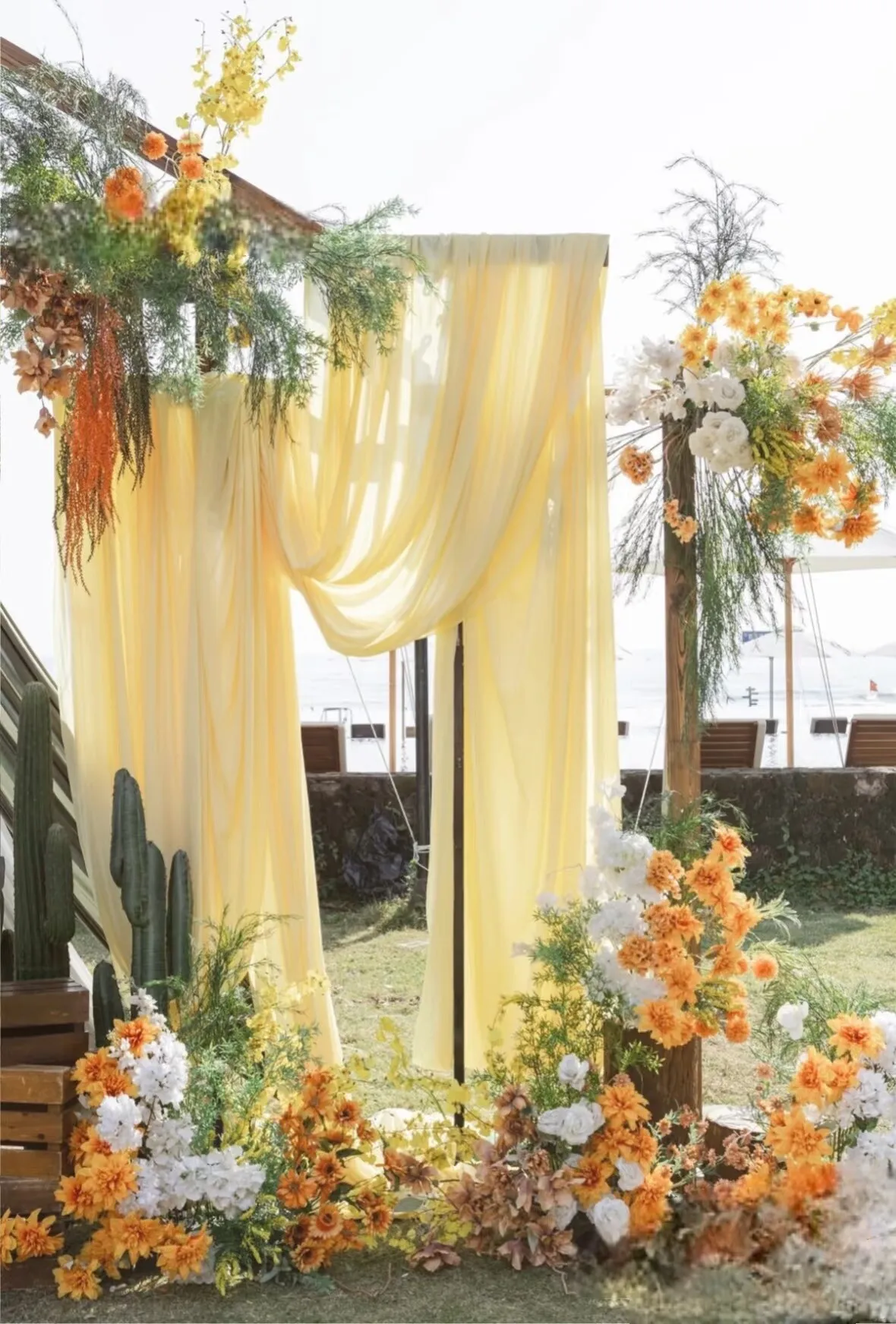 Yellow Cream Champagne Chiffon Translucent Draping Fabric for Wedding Ceremony Layout Ceiling Background Sheer Curtain Fabric