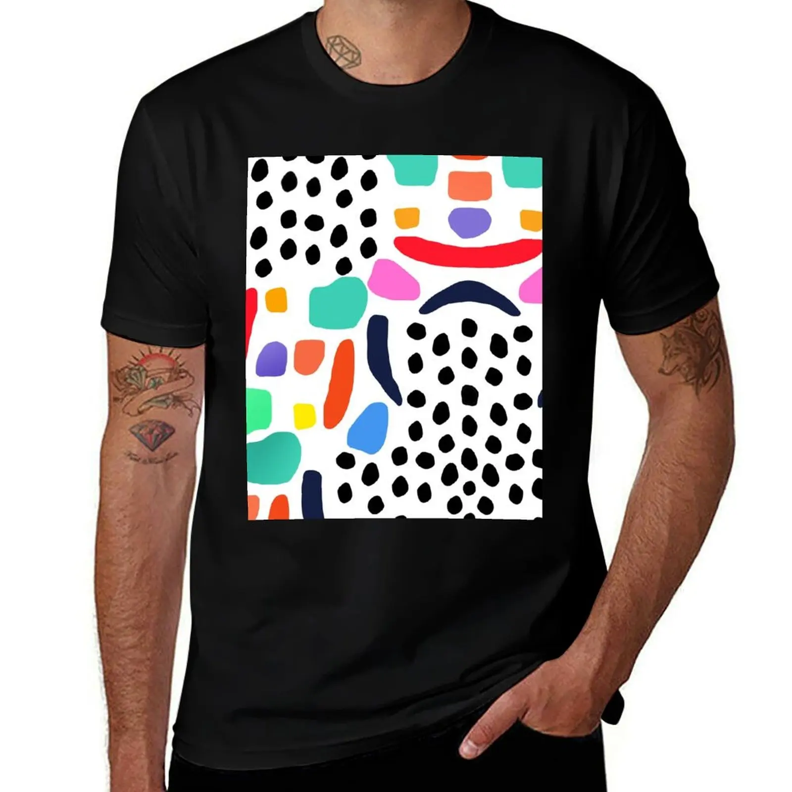 

Memphis Style Shapes and Dots, Terrazzo Shapes T-Shirt man t shirt heavy cotton t shirt men 100% cotton luxury brand