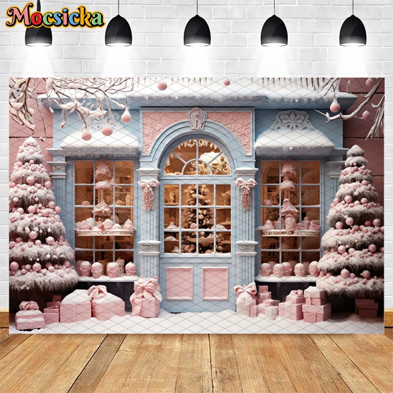 Mocsicka-Arrière-plan de photographie de magasin de bonbons d'hiver, toile de fond de portrait d'enfants, décor de fête d'anniversaire, arbre de Noël rose, décor de neige