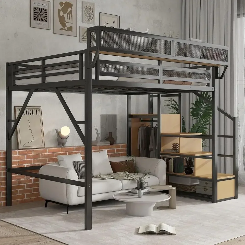 Queen Loft Bed with Stairs, Storage Shelves & Wardrobe, Heavy Duty for Adults or Teens, No Box Spring, Quiet, Black