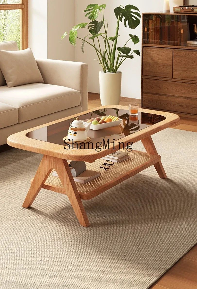 FG طاولة القهوة الخشبية الصلبة غرفة المعيشة المنزلية طاولة شاي الروطان الراقية شقة صغيرة شرفة طاولة شاي