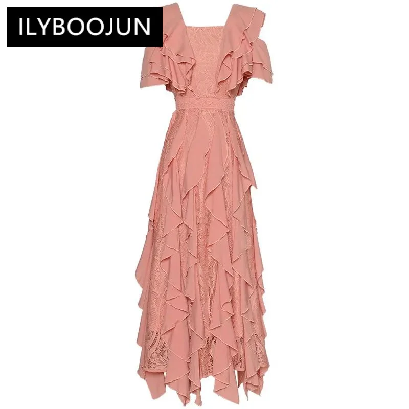 

ILYBOOJUN Fashion Women's New Square-Neck Short-Sleeved Shaggy Lace Patchwork Elegant Chic Flounced Edge Long Gown Maxi Dress