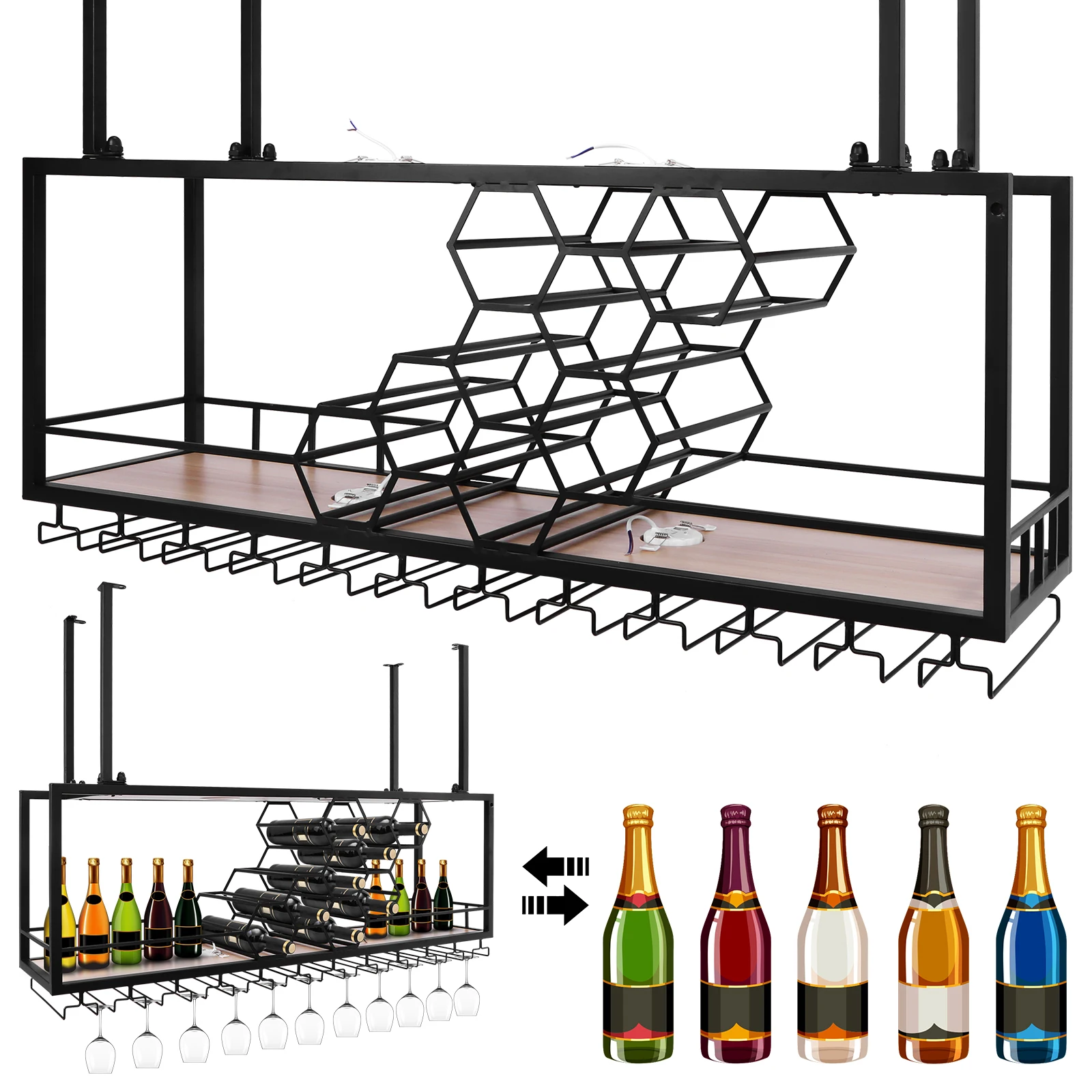 

Hanging Wine Rack Honeycomb-shaped Bottle Storage Two Shelves Easy Installation Ceiling Mounting Design for Bar Hotel Home