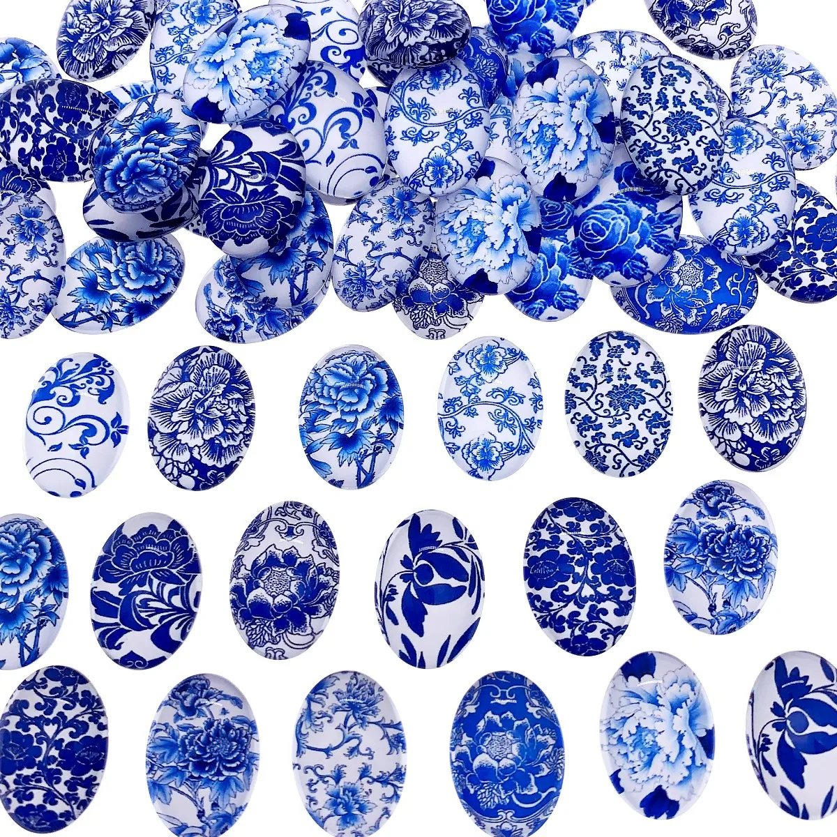 13x18mm 18x25mm 30x40mm Random Mixed Blue and White Porcelain Oval Glass Cabochon Flatback Photo Base Tray Blank DIY Accessories