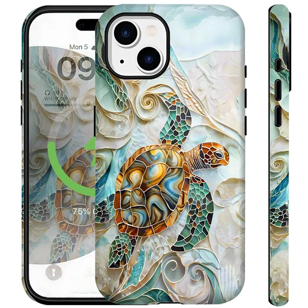 

Phone Case for iPhone 15 Plus Case Cute Ocean Sea Turtle Stained Glasss Design for Women Men [Compatible with Magsafe] Rugge