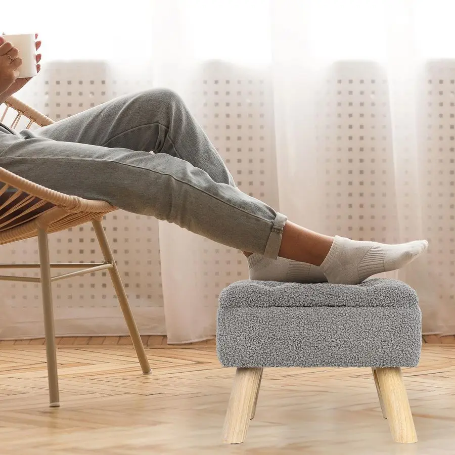 

Пуфик для хранения, небольшой табурет для хранения ног с деревянными ножками, прямоугольная подставка для ног Teddy Velvet для стула, мягкая губка Whi