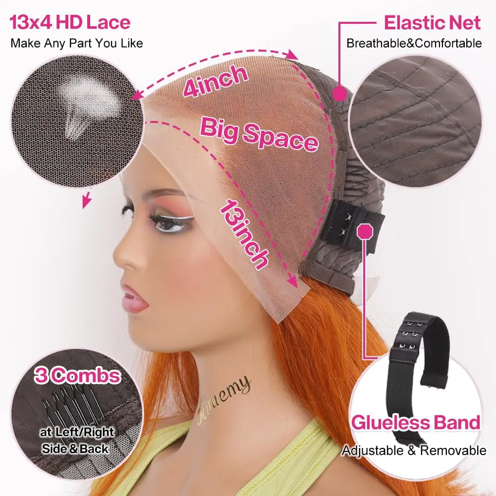 350 Ginger Bob Parrucche anteriori in pizzo Capelli umani 13x4 HD Frontale in pizzo dritto Bob Parrucca arancione zenzero Pre pizzicata con i capelli del bambino