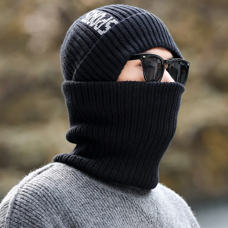 Winter New Outdoor Riding Jacquard Wool Hat Trendy Men Warm Scarf Knitted Hat Two Piece Set Windproof Thermal Fleece Cap