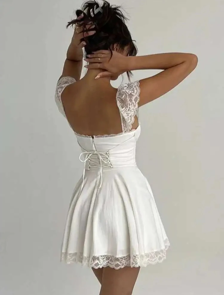 화이트 레이스 러플 백리스 섹시 드레스 여성 밴디지 플리츠 미니 여름 드레스 우아한 공주 캐주얼 드레스 베스티도스