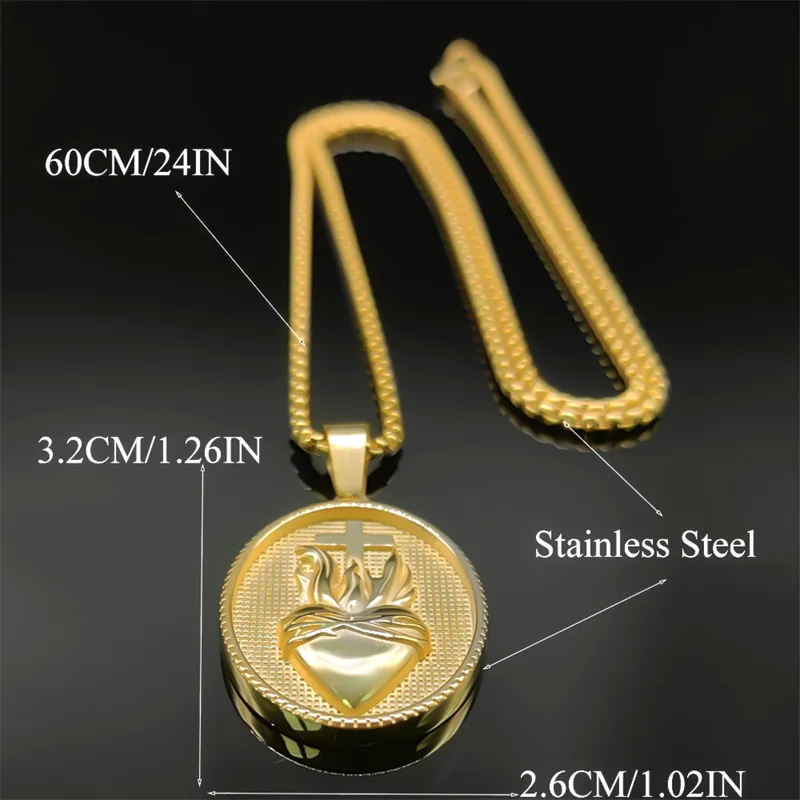Vintage Christian Sacred Heart of Jesus Cross Necklace for Women/Men Stainless Steel Gold Color Catholic Chain Jewelry NZZ465S02