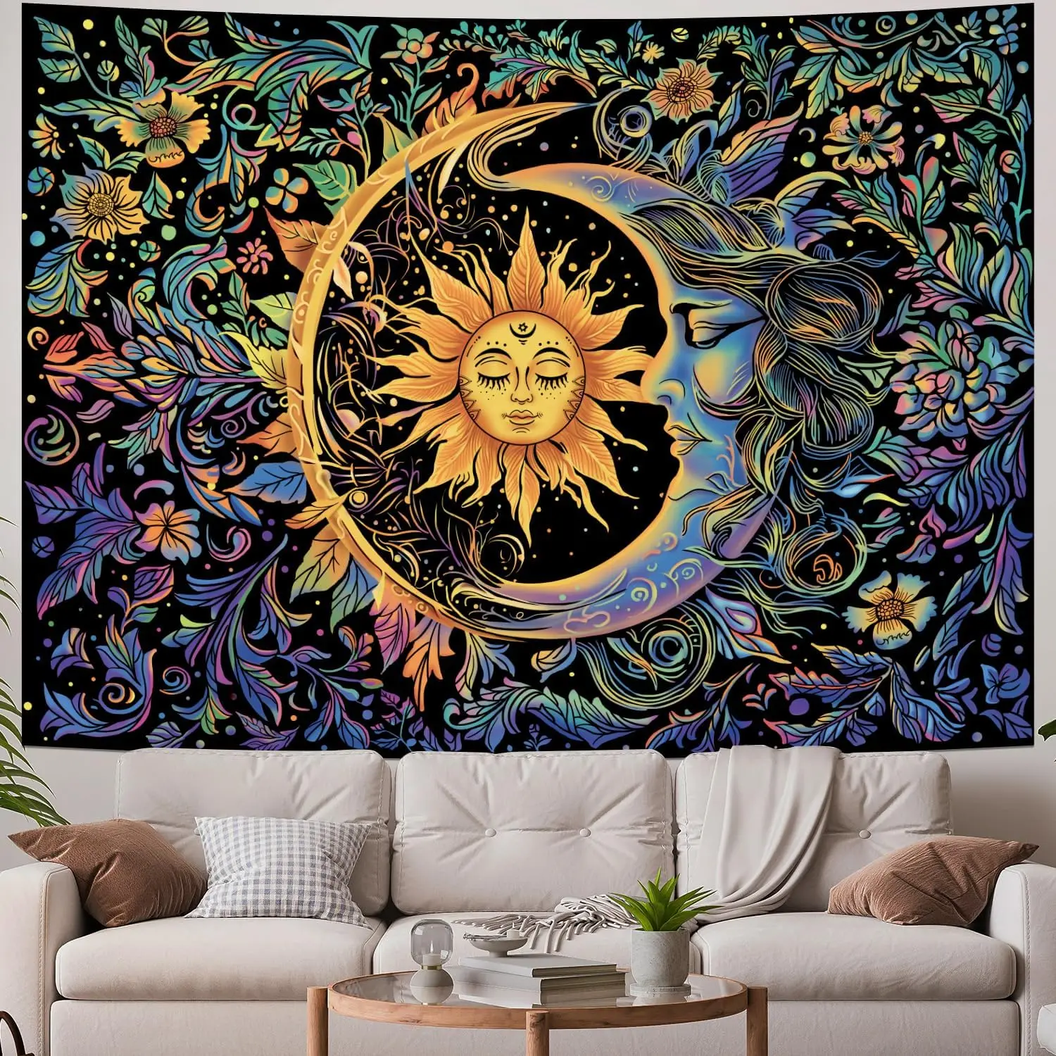 

Sun Moon Boho Tapestry Wall Hanging Large Vintage Mandala Wall Art with Intricate Hippie Pattern for Bedroom Living Room