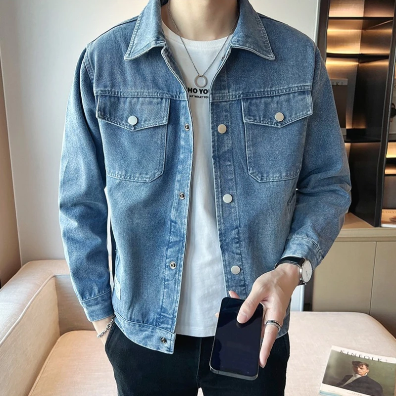 Autumn Men Solid Workwear Denim Jackets Fashion Motorcycle Vintage Jeans Jackets Hommes Slim Fit Cotton Casual Black Blue Coats