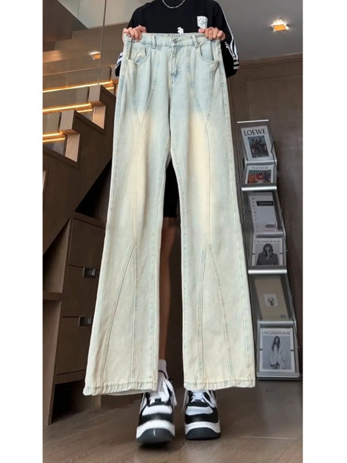 

Slim Fit High Waist Stretchy Jeans Men's American Vibe Lengthened High Elastici Micro Flared Pants Yellow Mud Color Splicing