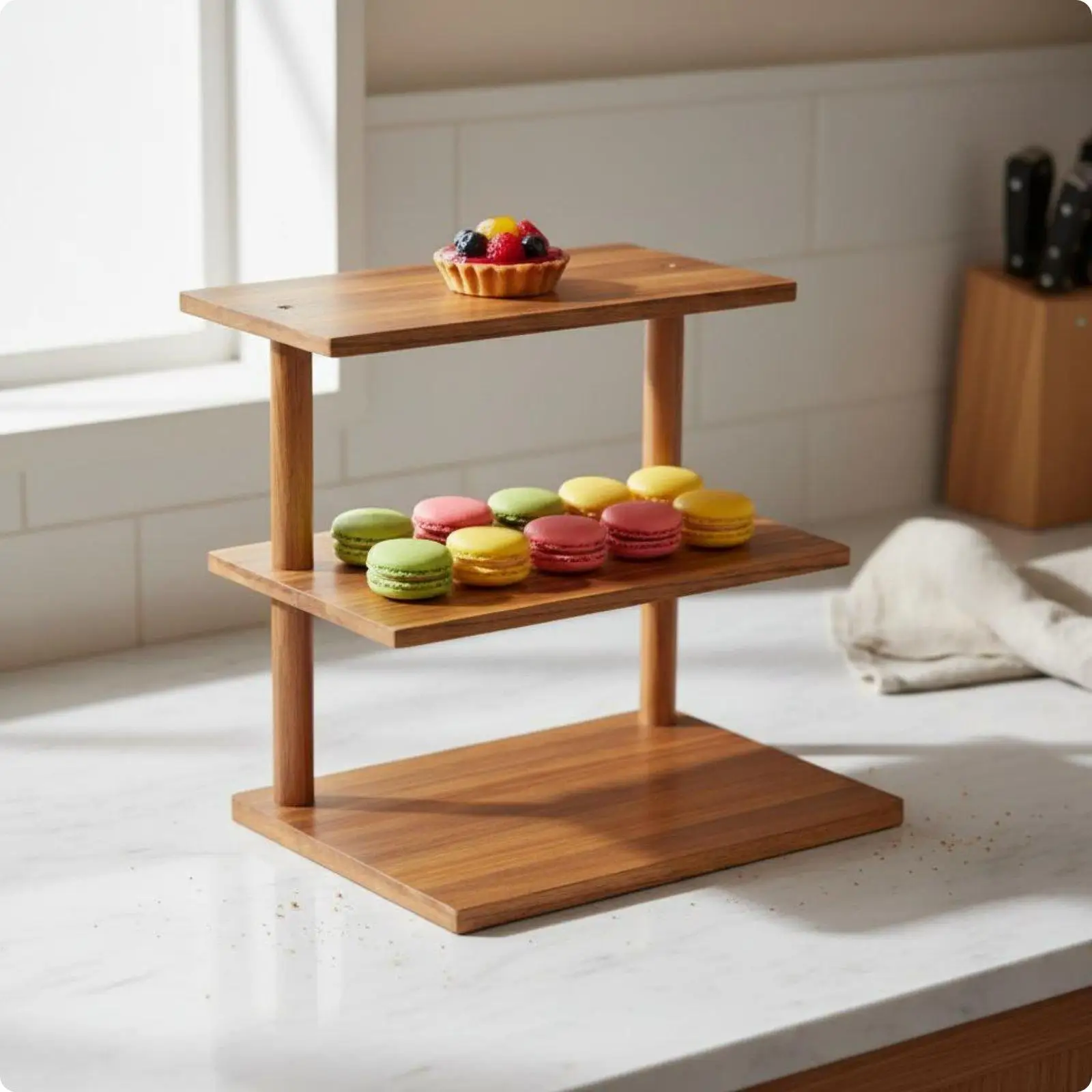 Solid Wood Kitchen Storage Shelf with Layered Display Stand for Buffet Dessert Table and Home Decor Showcase