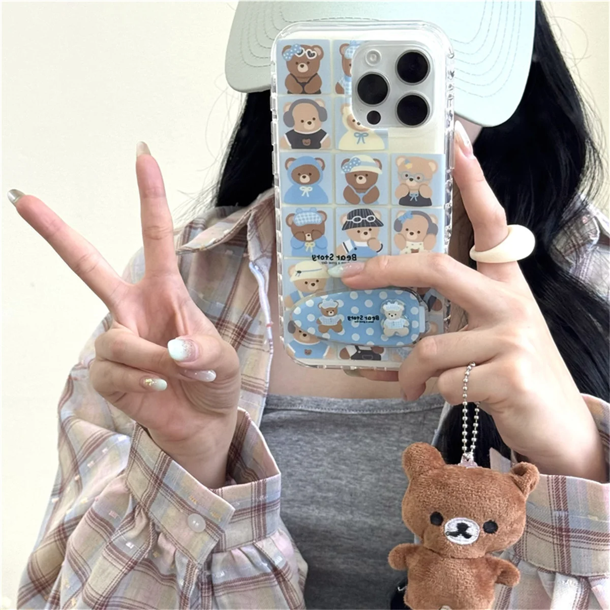 

Funny Cute Cartoon Bear Phone Case For iPhone 16 Pro 15 14 Pro Max Back Cover with Hairpin Holder Hard Cases Funda