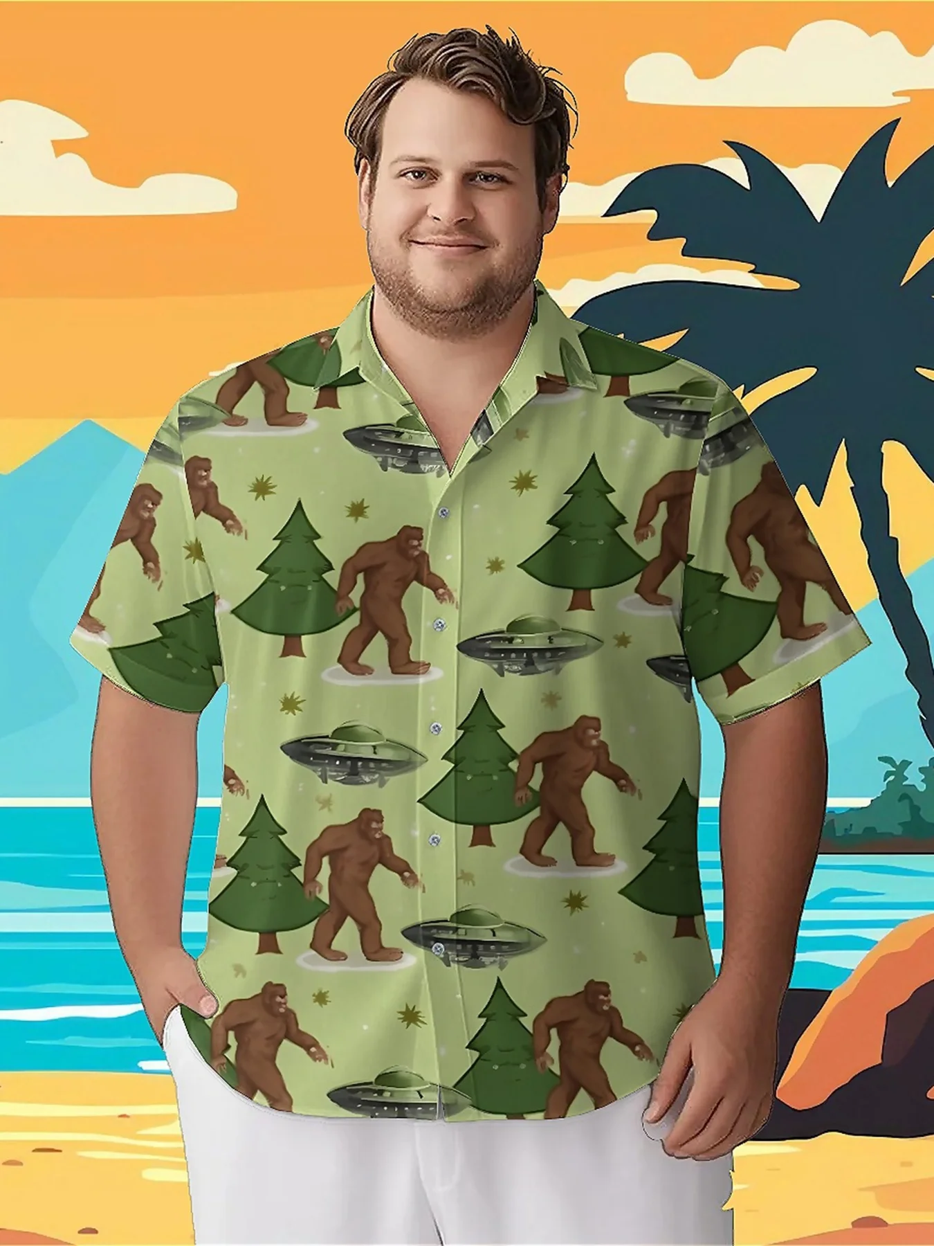 

Men's Plus Size Hawaiian ShirtsBigfoot and UFOpattern, Summer Casual Tops, Suitable for Outdoor and Party, Streetwear