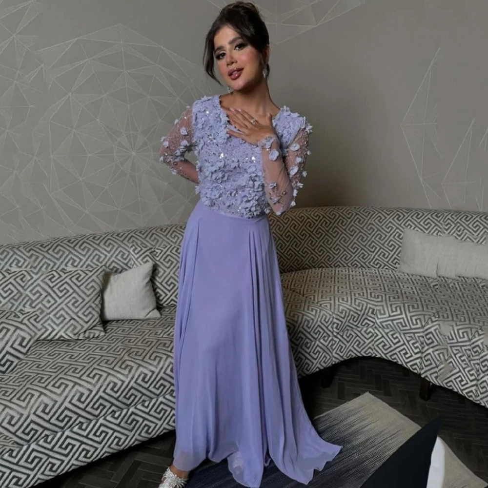 Customized lavender O-neck Appliques Flower A-line Evening Dresses Full Sleeves Draped Floor Length Pageant Party Gowns