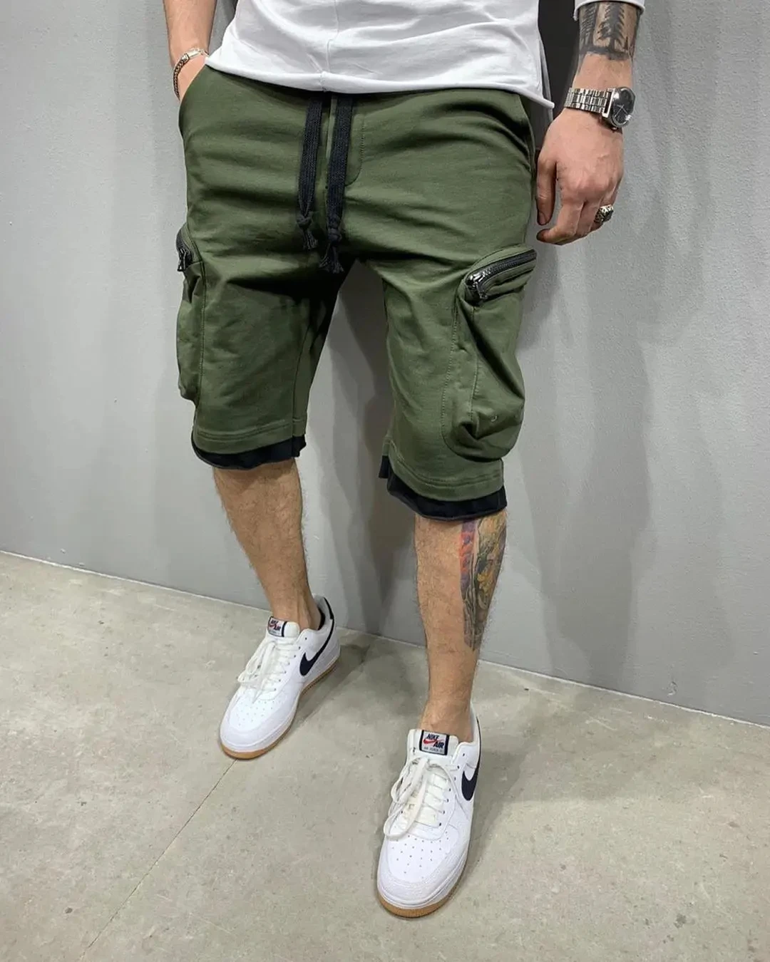 Summer New Men\'s Fitness Five Quarter Pants Cotton Shorts Double Pocket Zipper Decorative Cargo Pants Casual Sports Pants