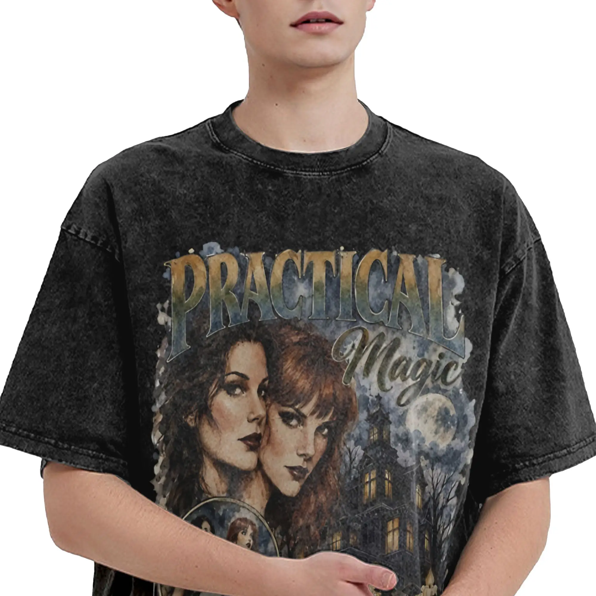 Practical Magic 2 Witch Sisters Gothic Halloween Outfit Washed T Shirt for Men Women Streetwear Hip Hop T-Shirt Tee Shirt