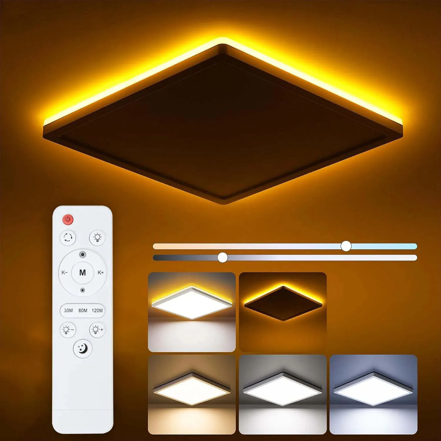 

Квадратный светодиодный потолочный светильник 24 Вт, 1800K, с подсветкой, ночник, диммируемый, 3200 лм, 3000-6500K, с пультом ДУ, для декора комнаты