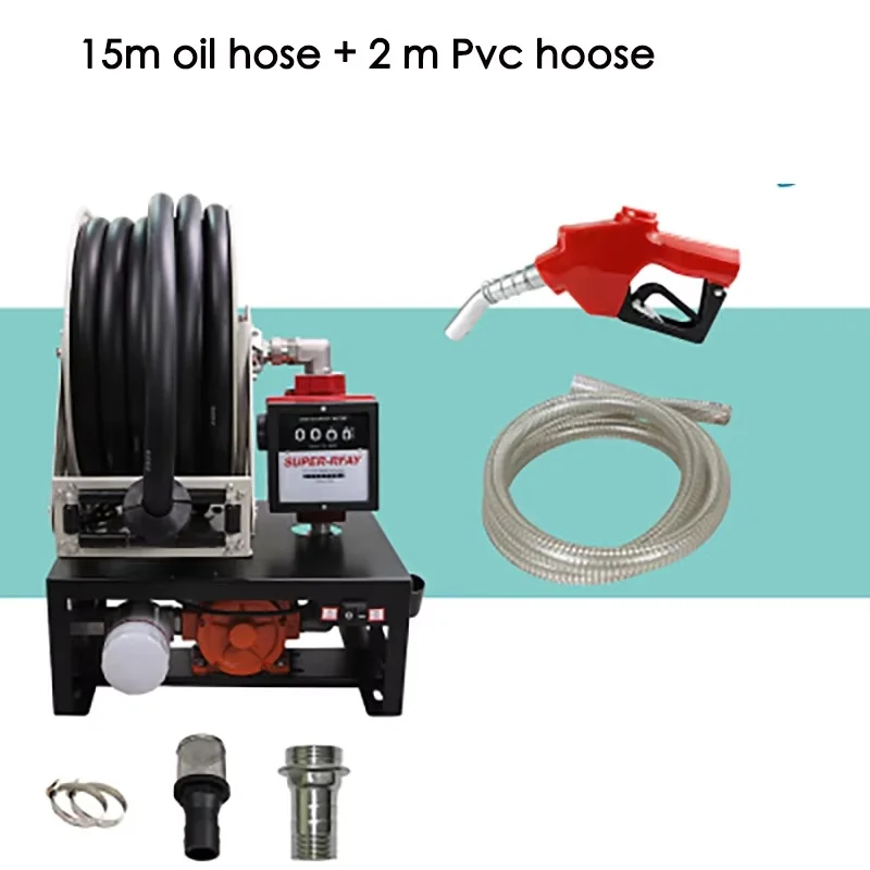 

12V oil pump reel integrated fuel dispenser large flow diesel pump self priming pump metering with 15m oil hose and 2m PVC hose