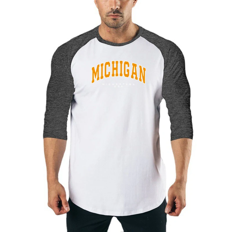 Michigan Midwestern USA Three Quarter Sleeve Shirt Mens Training Cotton Breathable Clothing Gym Bodybuilding Slim Fit T-shirts