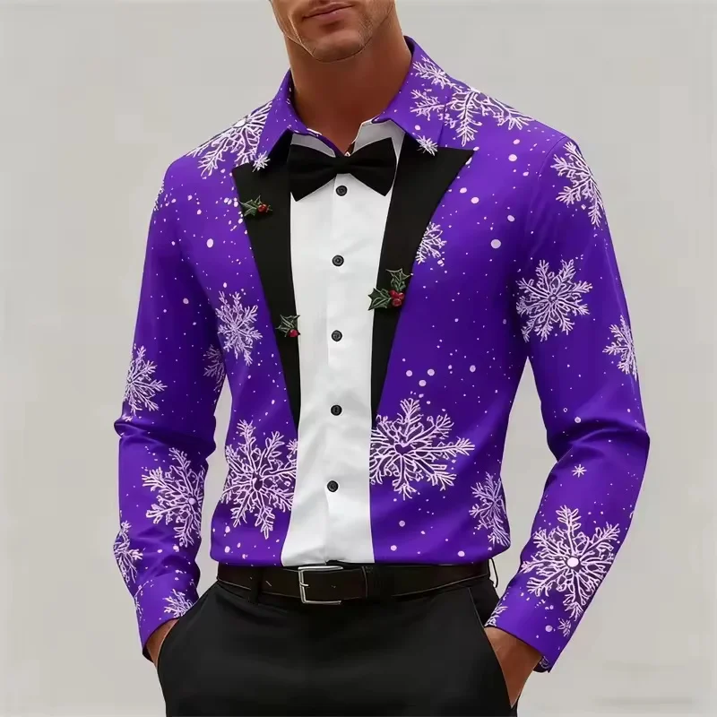 Nueva camisa navideña con corbata y patrón de copo de nieve para hombre, disfraz navideño, camisa informal de manga larga a la moda, adecuada para