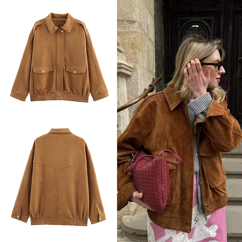 Guobioziy 2026 Autumn Women Lapel Collar Bomber Jacket Snap Button Flap Pockets Elastic Hem Oversized Casual Street Outerwear