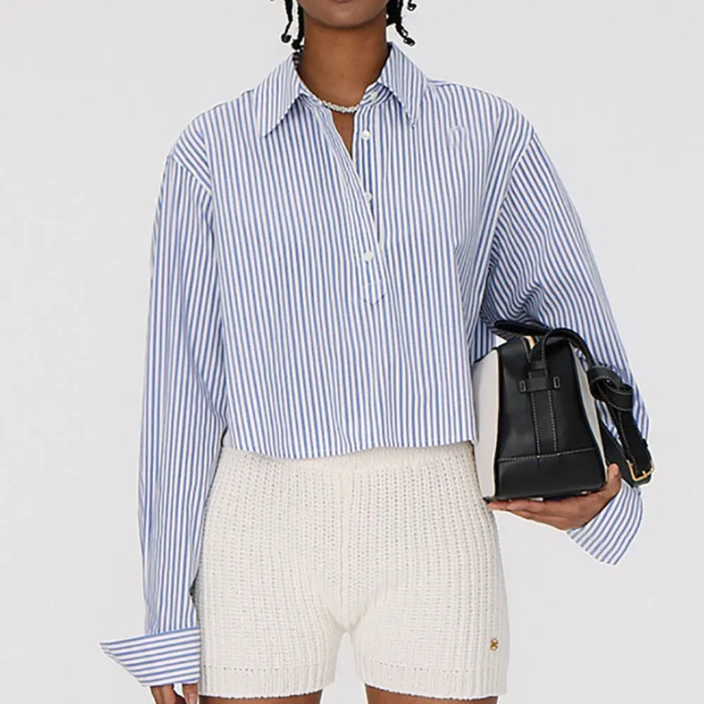 Ladies Loose Casual Re * Blue Striped Shirt Spring And Summer New Short Section High Waist Shirt Fashion