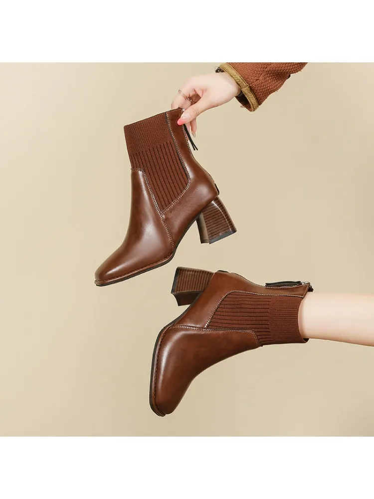 Bottes de travail d'hiver à bout carré, confortables et élégantes, à talons carrés, à la mode, antidérapantes, grande taille, bottes de cheval pour femmes