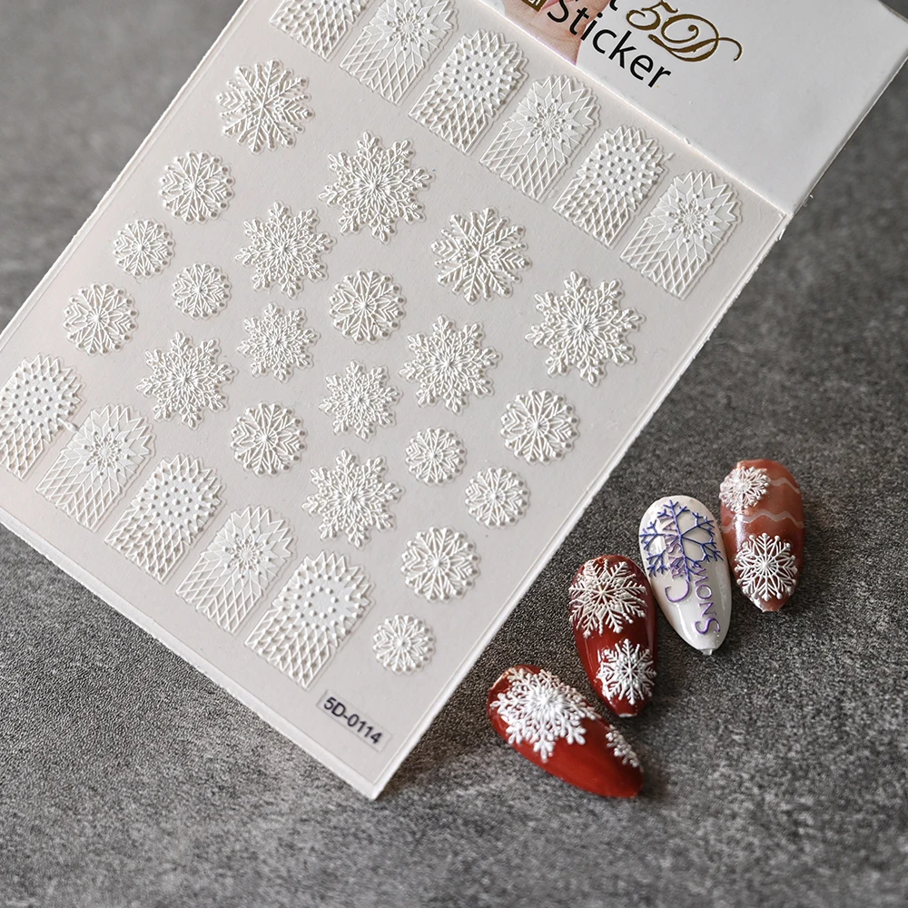 1Pcs White Snowflakes Embossed Sticker for Nails 5D Acrylic Nail Art Decals Winter Xmas Charms Flower Manicure Slider Sticker