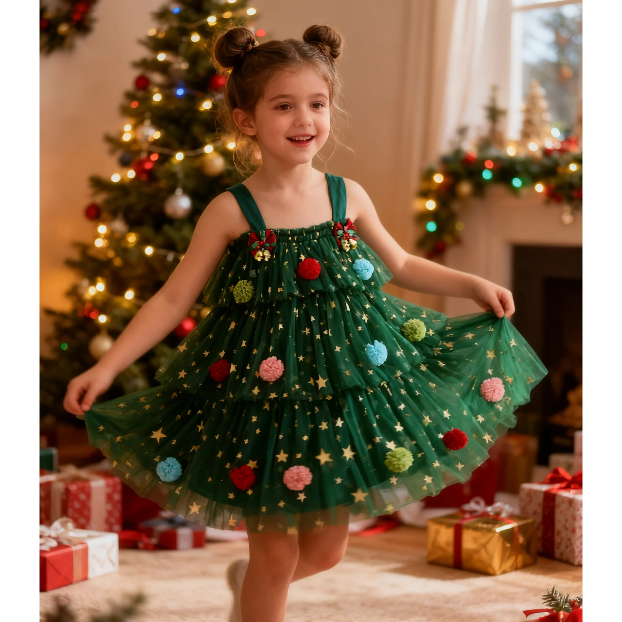 Baby Girls Tulle Layered Merry Christmas Tree Dress Kids Color Plush Ball Cake Skirt Christmas Style Party Costume Strap Dress