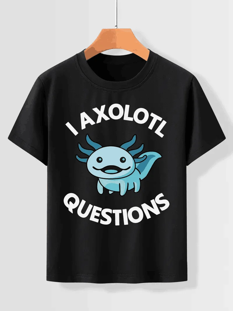 Cute I AXOLOTL QUESTIONS Letter Print Boys Creative T-shirt Casual Lightweight Comfy Short Sleeve Crew Neck Tops Kids Clothings