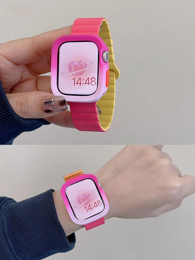 Cinta de silicone bonito e caso mudança gradual para Apple Watch, Coréia Band, Ultra2, iWatch Series 9, 8, SE, 7, 6, 5, 4, 49mm, 41mm, 45 milímetros, 40 milímetros, 44 milímetros, 42 milímetros