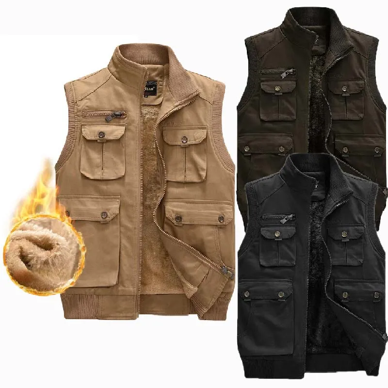 Men's Fleece Thickened Washed Cotton Vest Outdoor Military Tactical Wool Warm Multi-pocket Sleeveless Jacket