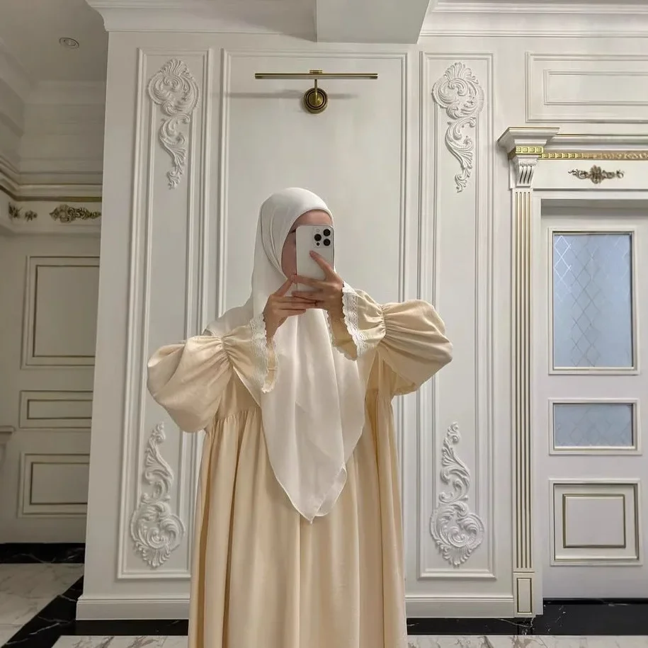 Eid Djellaba เจียมเนื้อเจียมตัวสวดมนต์เสื้อผ้าผู้หญิงมุสลิมชุดลูกไม้ Abaya ดูไบ Kaftan Ramadan ตุรกีอิสลาม Jalabiya Kebaya Caftan Robe