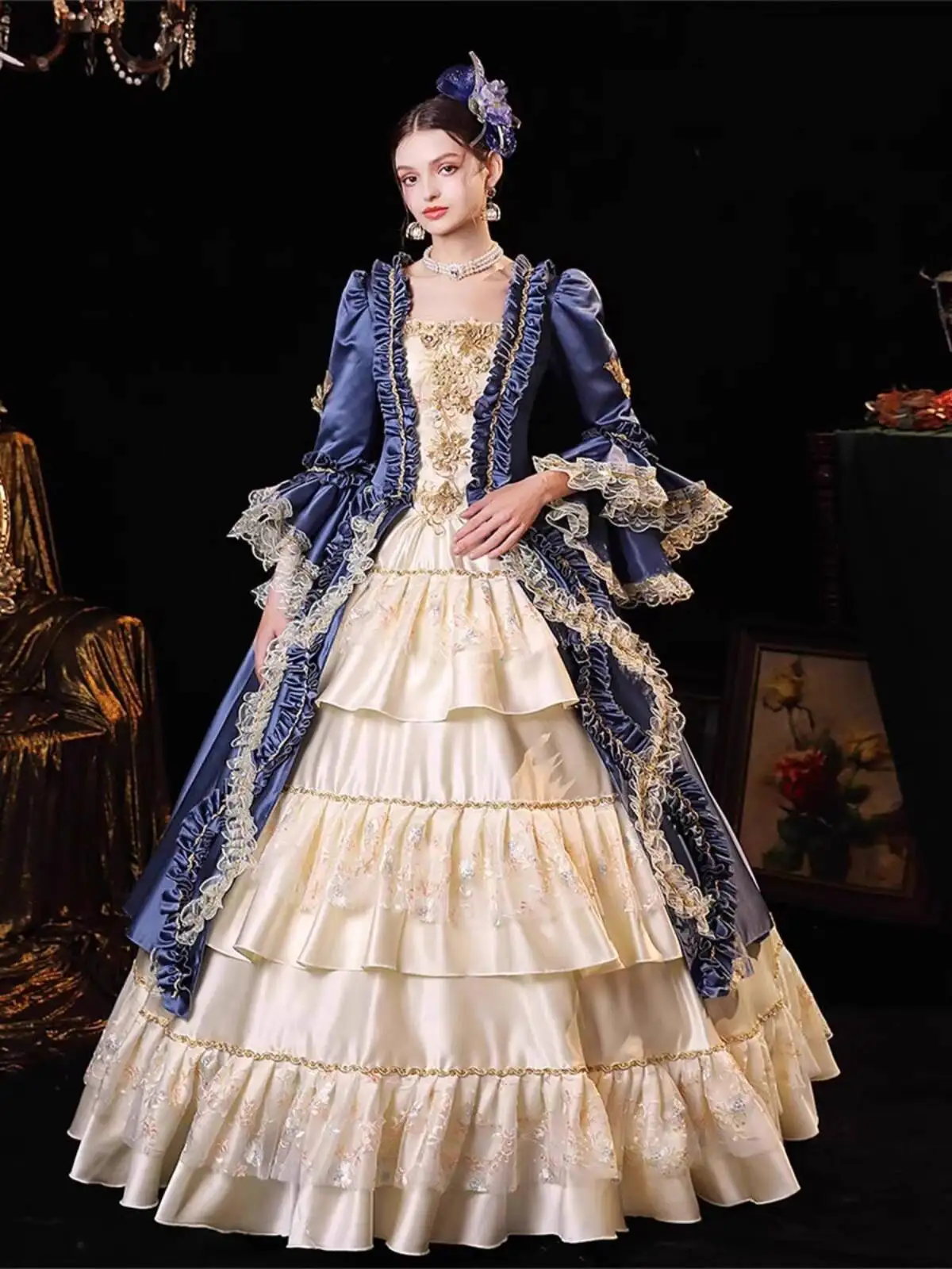 

New Women Middle Ages Costume Britain Court Noble Ceremonial Dress Blue Baroque Long Skirt Drama Banquet Party Customized Cos