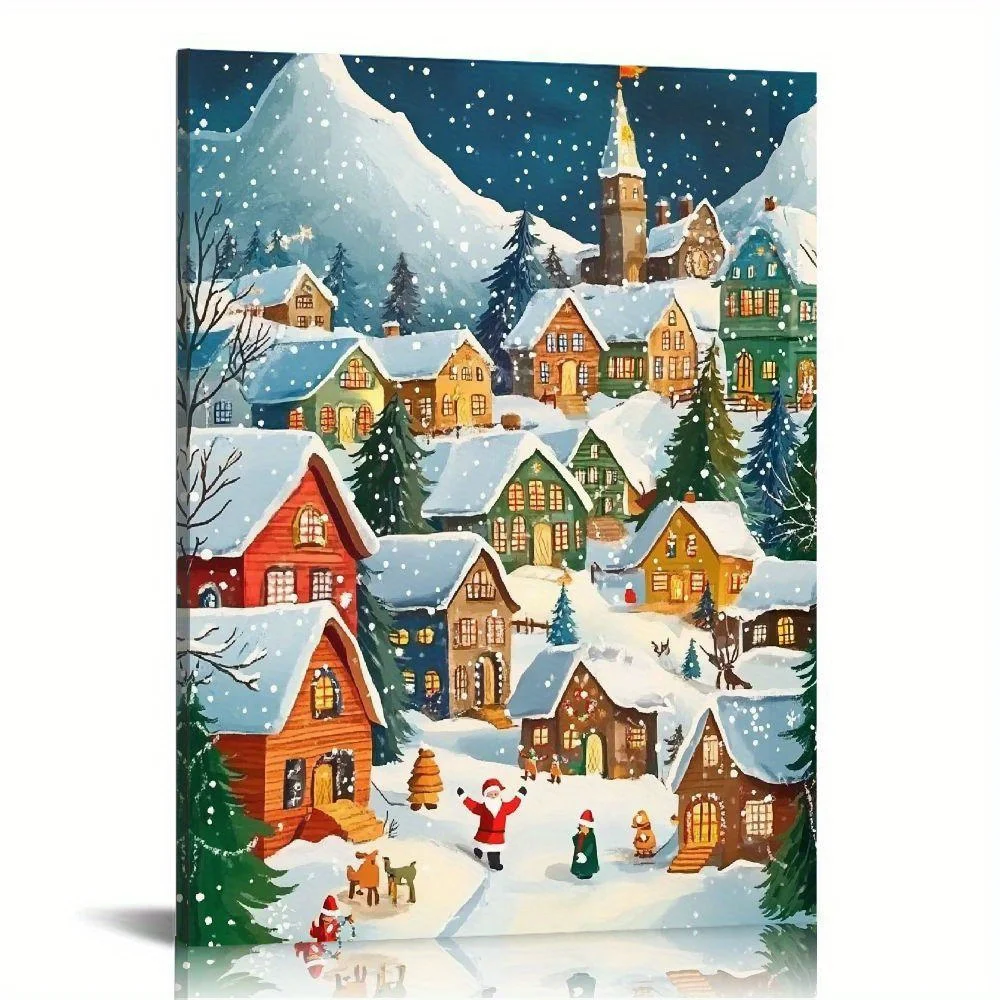 1PC Winter Snow Landscape Christmas Village Mural Snowy Night Cottage Lighting Art Decoration Warm Winter Ambience Canvas Frame