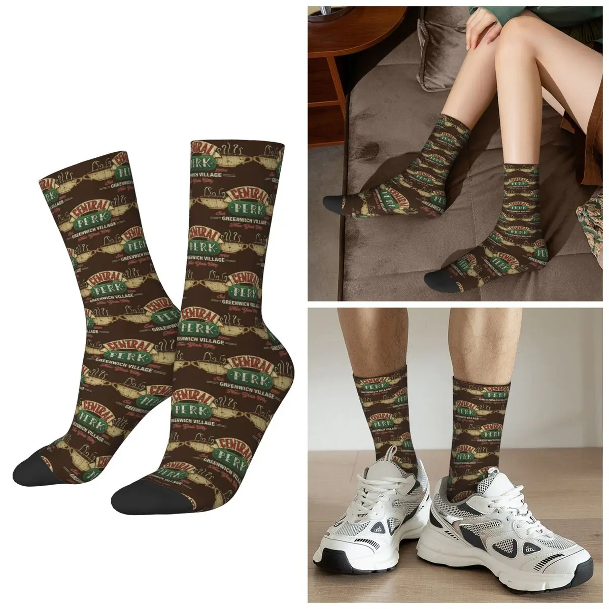 All Seasons Central Perk Friends Logo Socks Harajuku Sport Middle Tube Socks Casual Stockings for Men Women Valentine's Day