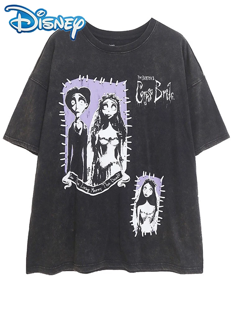 

Черная футболка Disney Tim Burton's Corpse Bride с мультяшным принтом, женский пуловер с короткими рукавами и круглым вырезом, футболка, женская уличная одежда