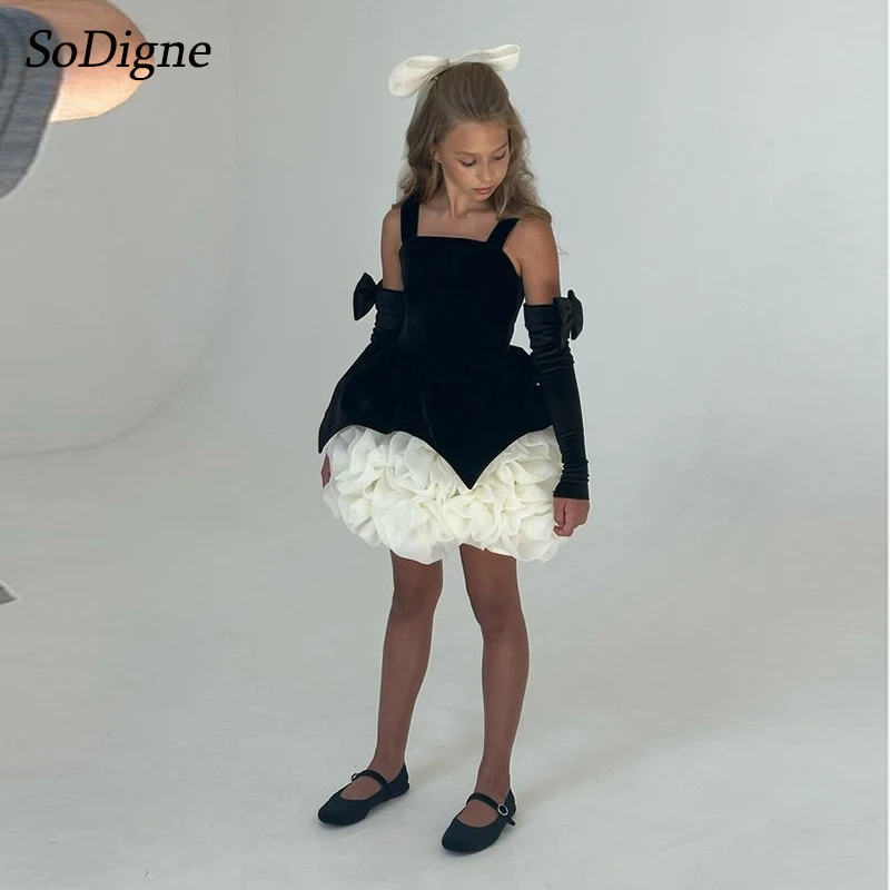 SoDigne A-line Mini Flower Girl Dress Detachable Sleeves Ruffles Velvet Skirt Girls Party Dresses 2025 Kid Gown Customized