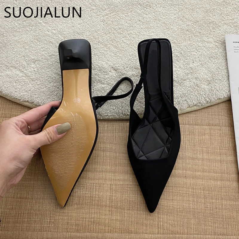 SUOJIALUN 2022 Summer New Brand Pointed Toe Slingback Shoes Thin High Heel Shallow Slip On Ladies Elegant Sandals Plus Size 41