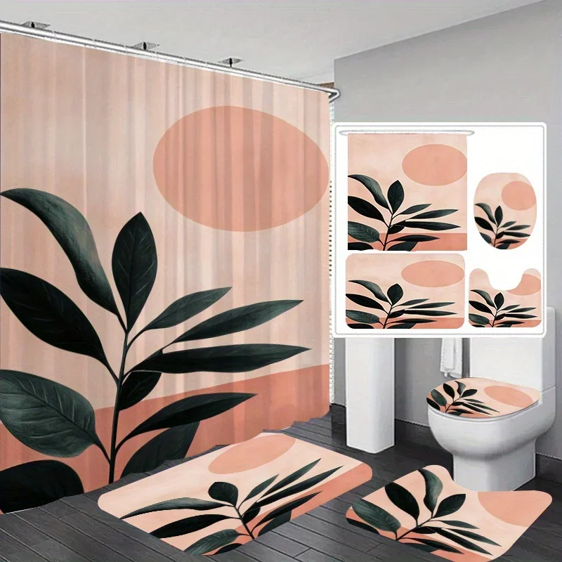 

4-piece floral fantasy print set, including shower curtain, non-slip mat, toilet seat cover, bathroom mat with hooks